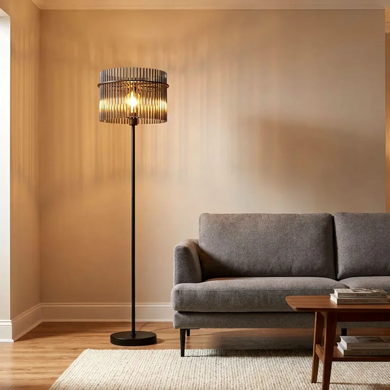 Korting Staande lamp, metaal, zwart, glas, rookkleurig, H 152 cm