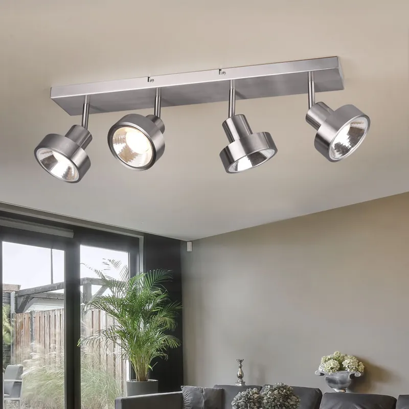 Plafondlamp, 4-lichts, zilver metaal, verstelbare spots Gratis Verzending