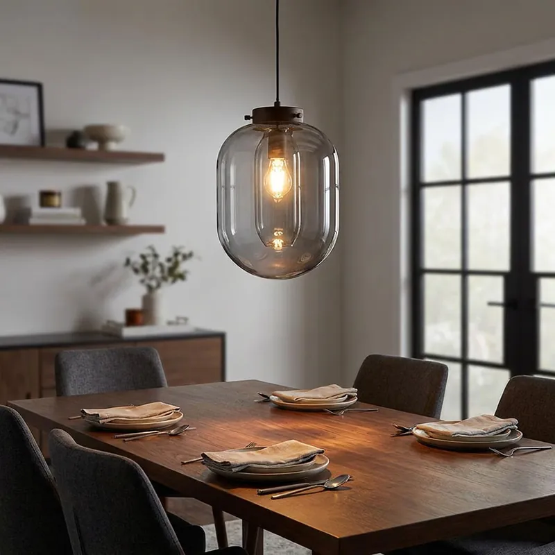 Koop Online Hanglamp, zwart metaal, rookglas, H 140 cm