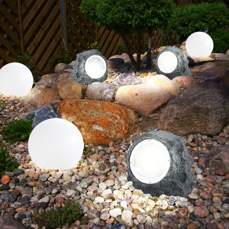 Gratis Retour Set van 6 LED solarlampen, steen, bol, wit, grijs