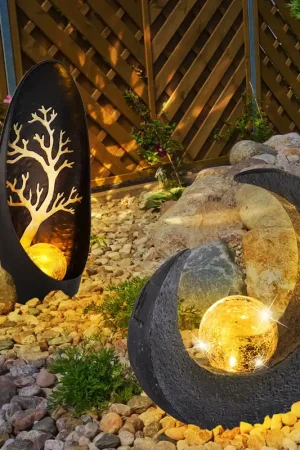 Uitverkoop Set van 2 LED solarlampen, boom, halve maan, zwart