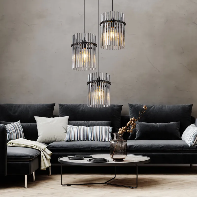 Aanbieding Hanglamp, glazen staven, 3 vlammen, rookkleurig, H 140 cm