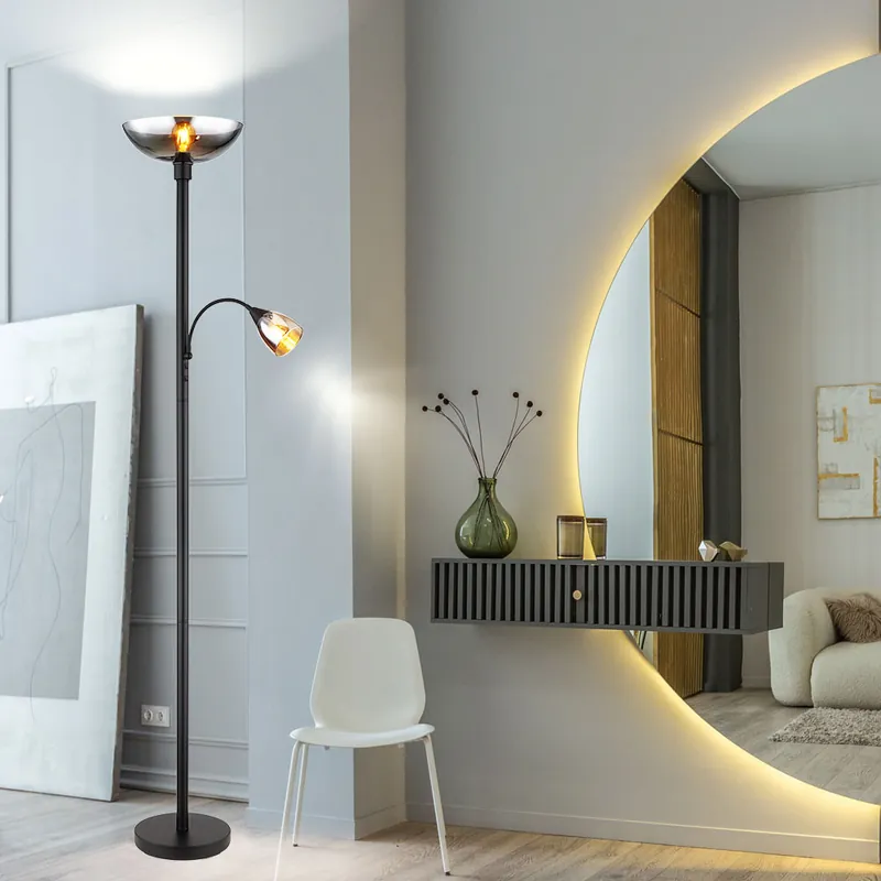 Express Levering Vloerlamp, plafondlamp, gerookt glas, metaal, H 178cm