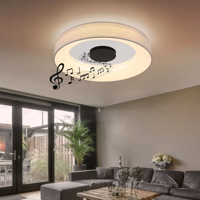 Gecertificeerd LED plafondlamp, dimbaar, luidspreker, textiel, D 47 cm