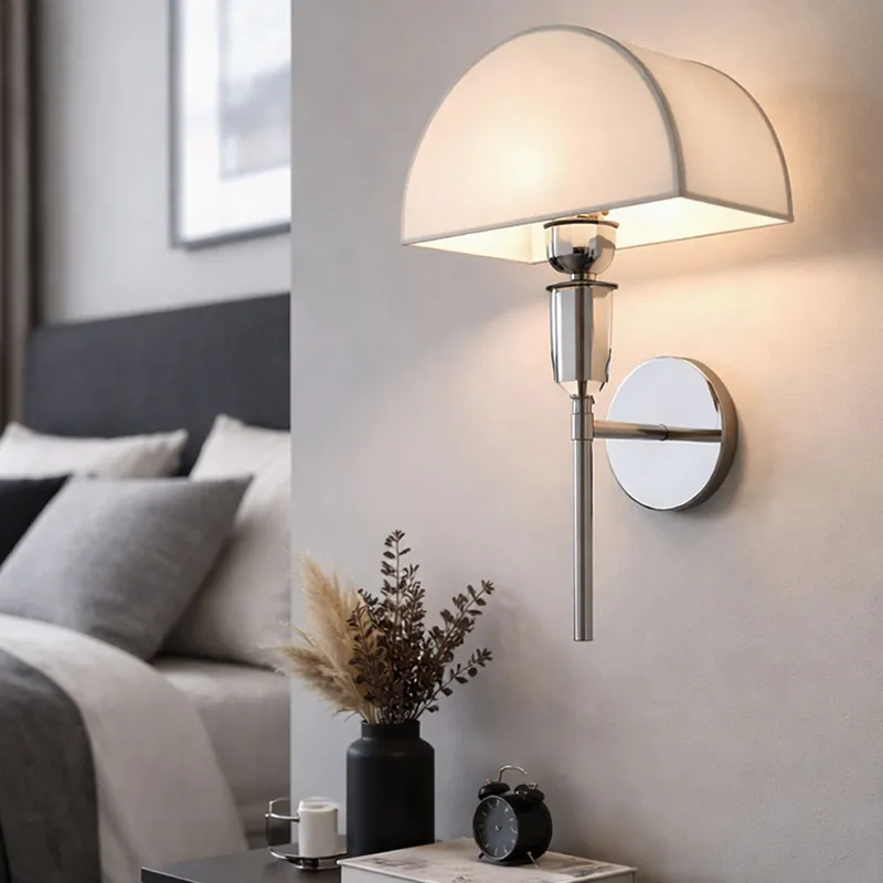 Goedkoop Wandlamp, metaal chroom, messing, katoenen kap, E27