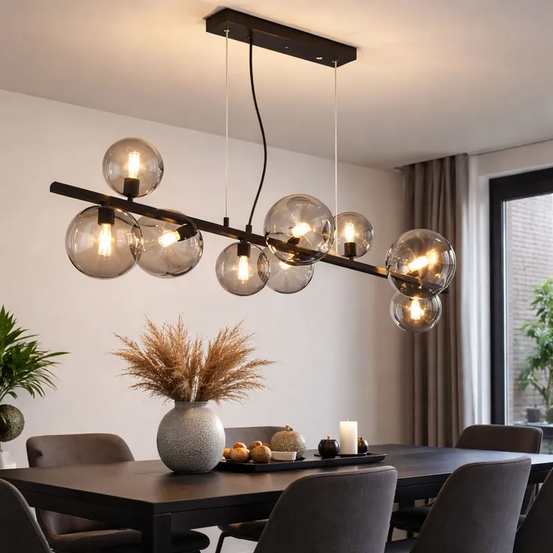 LED hanglamp, glazen bol spots, zwart, L 86 cm Speciale Aanbieding