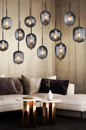 Actieprijs Hanglamp, metaal glas, kleur smoke, 12-bol, L 160 cm