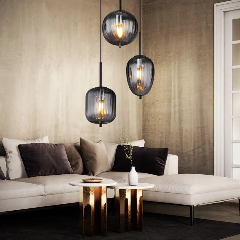 Hanglamp, metaal, glas, rookkleurig, 3 vlammen, H 120 cm Favoriet