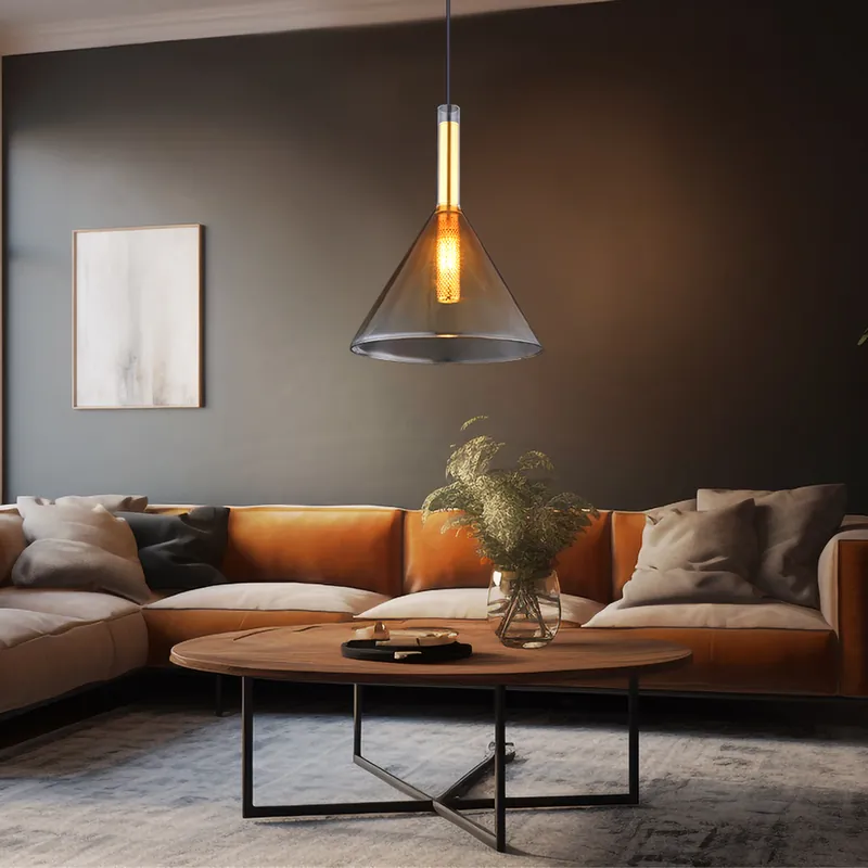 Express Levering Hanglamp messing, amber glas, H 120 cm