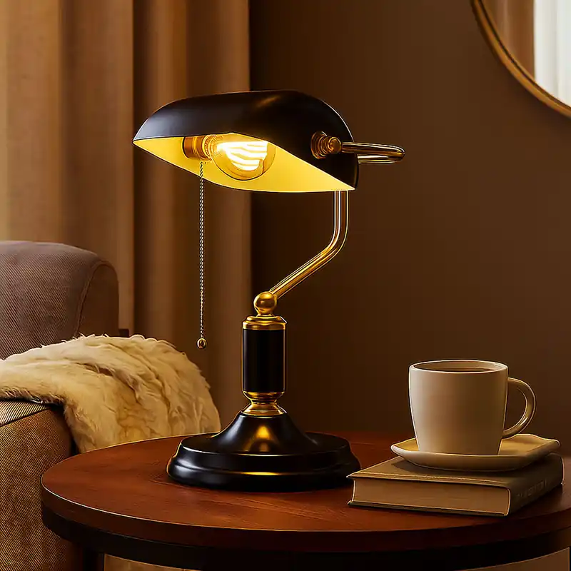Tafellamp, bankierslamp, metaal zwartgoud, H 34 cm Op = Op