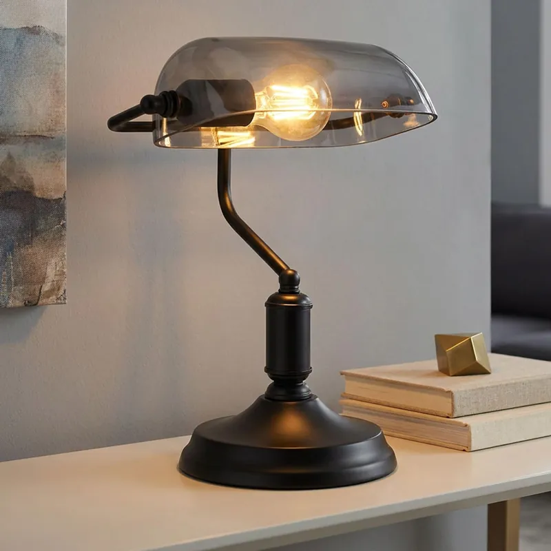 Nieuw Tafellamp, bankierslamp, zwart metaal, rookglas, H 32 cm