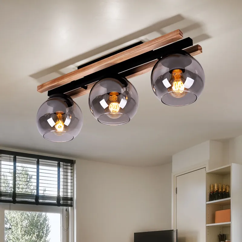 Nu Kopen Plafondlamp, metaal, eikenhout, rook, 3 vlammen, L 60 cm