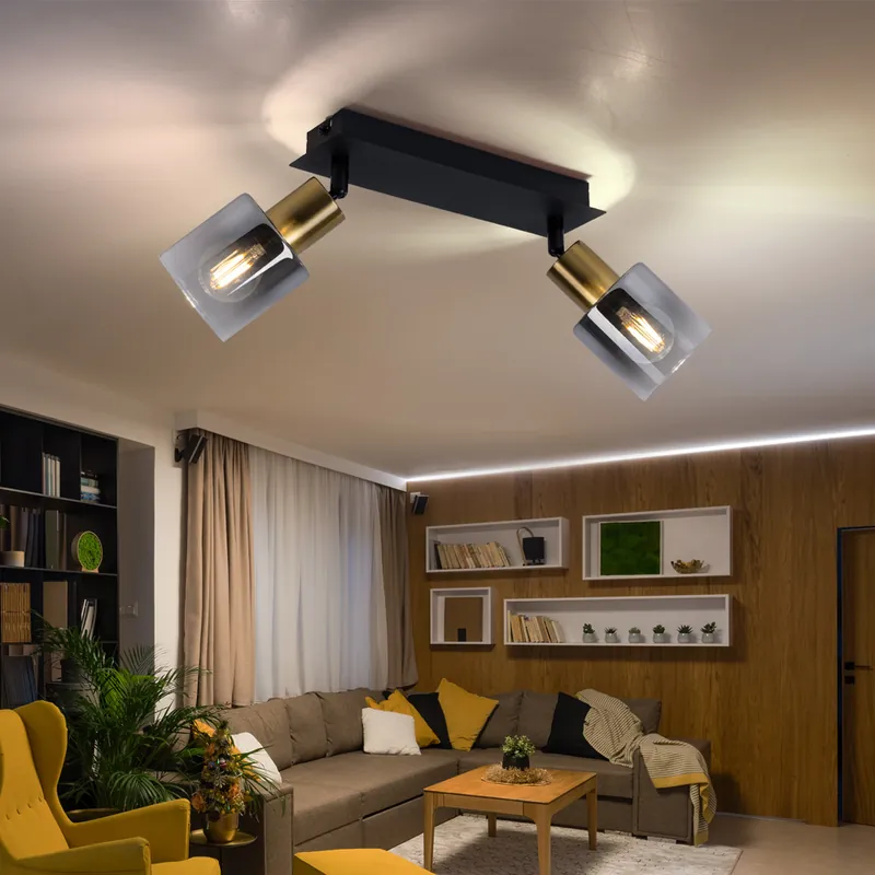 Plafondlamp, goud, rook, zwart, beweegbare spots, L 25 cm Direct Verzonden