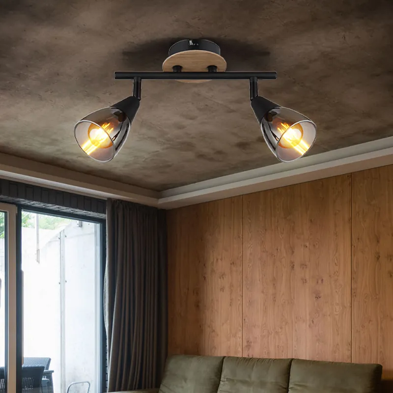 Actieprijs Plafondlamp, metaal, rookglas, 2 vlammen, L 25,5cm