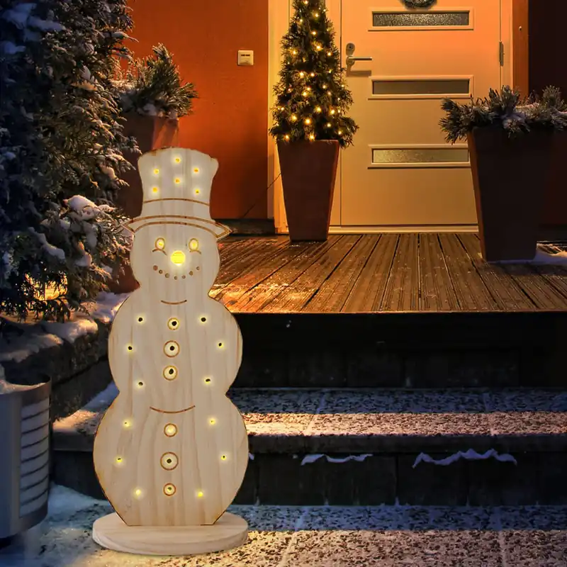 Direct Verzonden LED sneeuwpop, dennenhout, IP44, timer, batterij, h 50 cm