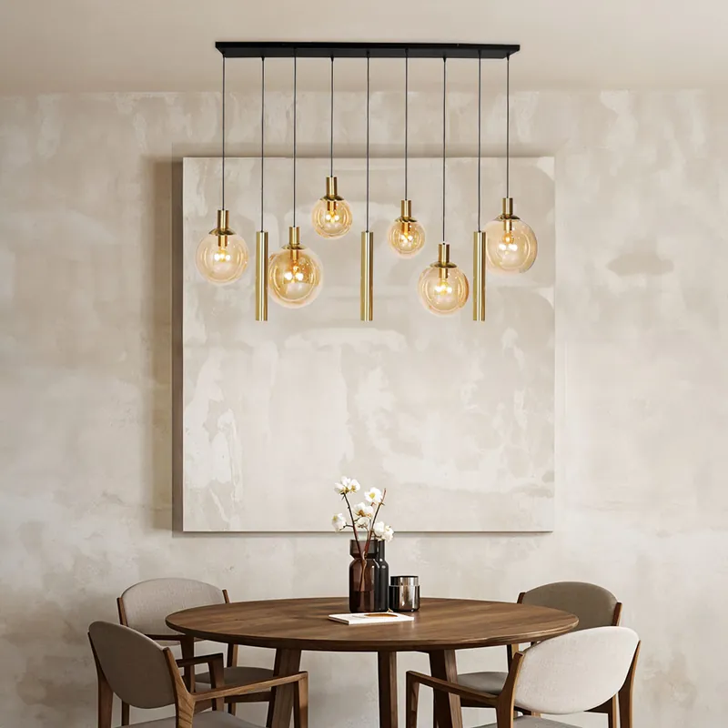 Hanglamp, metaal, glas, messing, LED-spots, L 140 cm Meest Verkocht