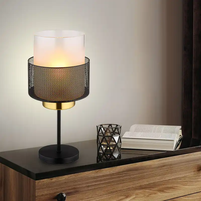 Tafellamp, zwart raster, gesatineerd glas, goud, H 40 cm Tijdelijk Beschikbaar