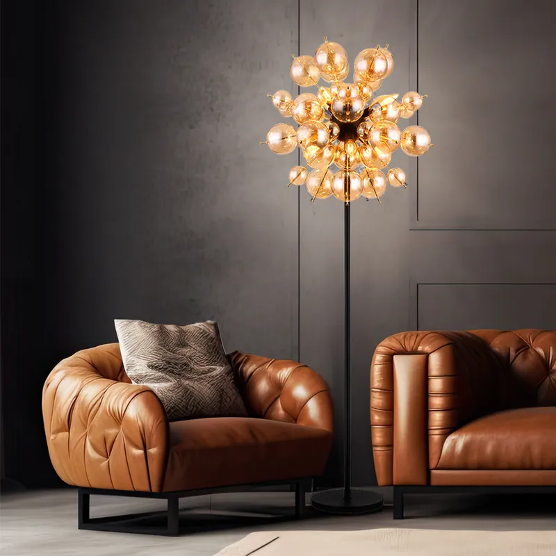 Staande lamp, metaal, amber goud glazen bollen, H 155 cm Meest Verkocht