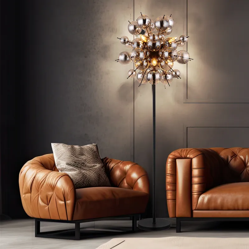 Direct Verzonden Staande lamp, metaal, glazen bollen rookkleurig, H 155 cm
