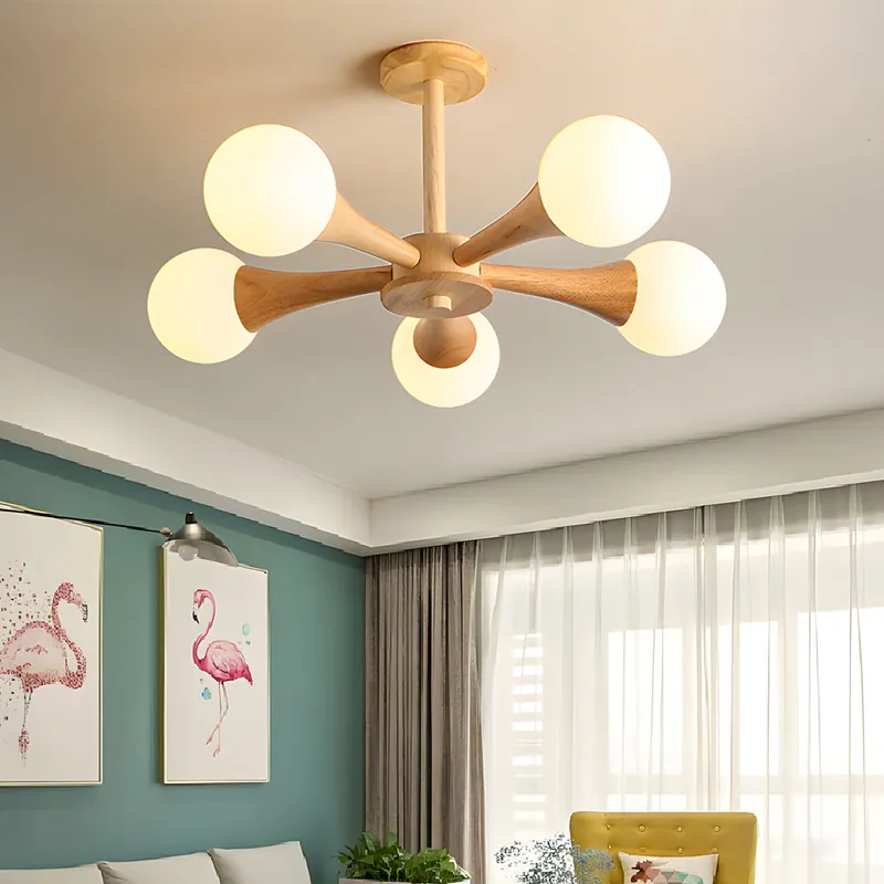 Flitsaanbieding NordicGlow - Scandinavische Houten Kroonluchter met Glazen Lampenkappen