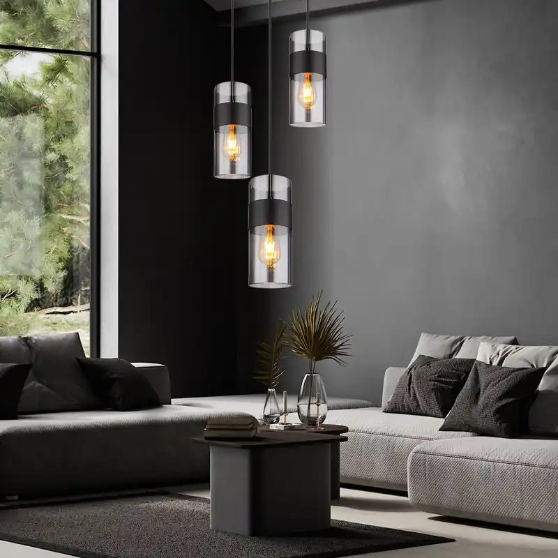 Voordeelprijs Hanglamp, metaal, zwart, rookglas, 3-vlam
