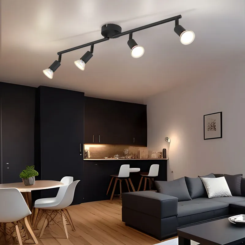 Plafondlamp, zwart metaal, beweegbare spots, H 13 cm Laatste Kans