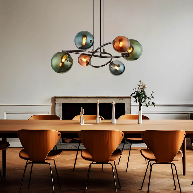 LED hanglamp, mat grijs, veelkleurige glazen bollen, H 120 cm Hoge Kwaliteit