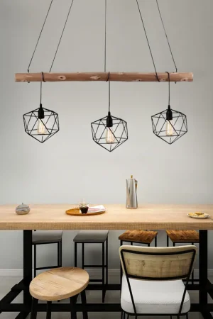 Hanglamp, metaal, hout, raster look, 3 vlammen, L 100cm Direct Beschikbaar
