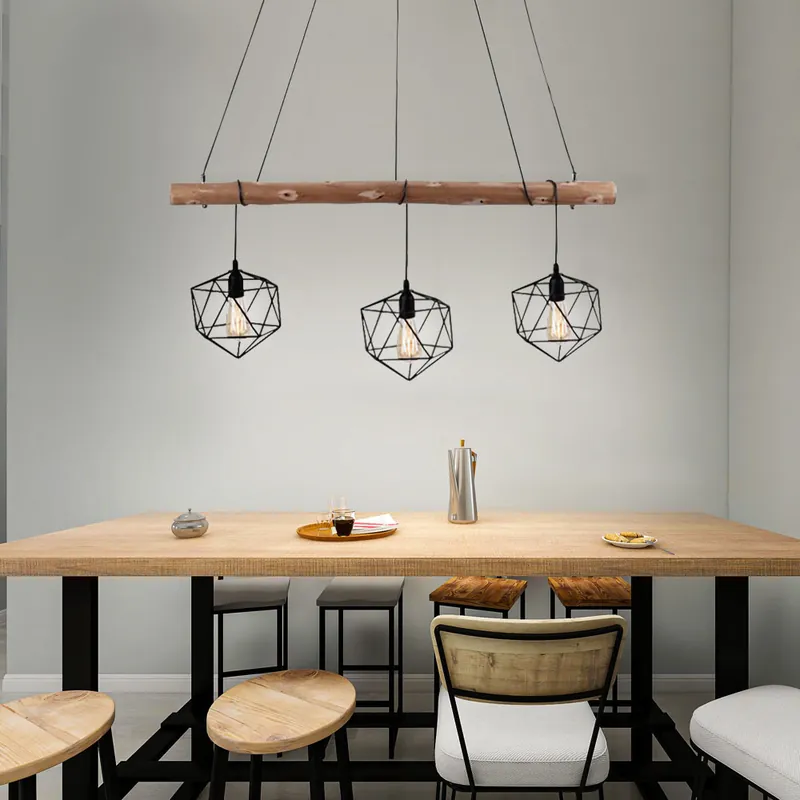 Hanglamp, metaal, hout, raster look, 3 vlammen, L 100cm Direct Beschikbaar