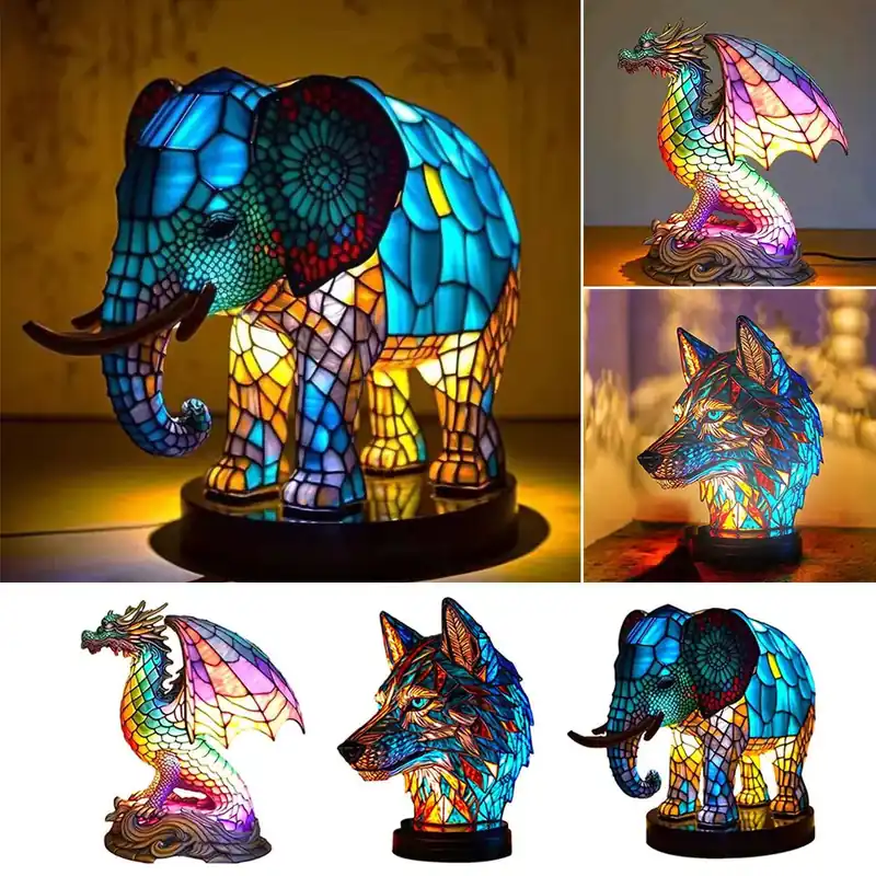 Laatste Versie TiffanyGlow - Kleurrijke Dierenkop Nachtlamp – Handgemaakte Tiffany glasachtige lamp