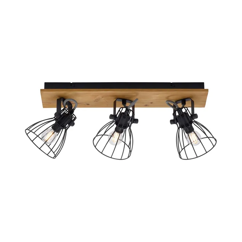 Populair Plafondlamp, bruin hout, zwart metalen rooster, beweegbaar H 21 cm