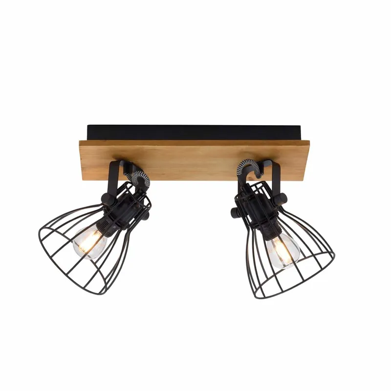 Dagaanbieding Plafondlamp, bruin hout, zwart metalen rooster, beweegbaar H 21 cm