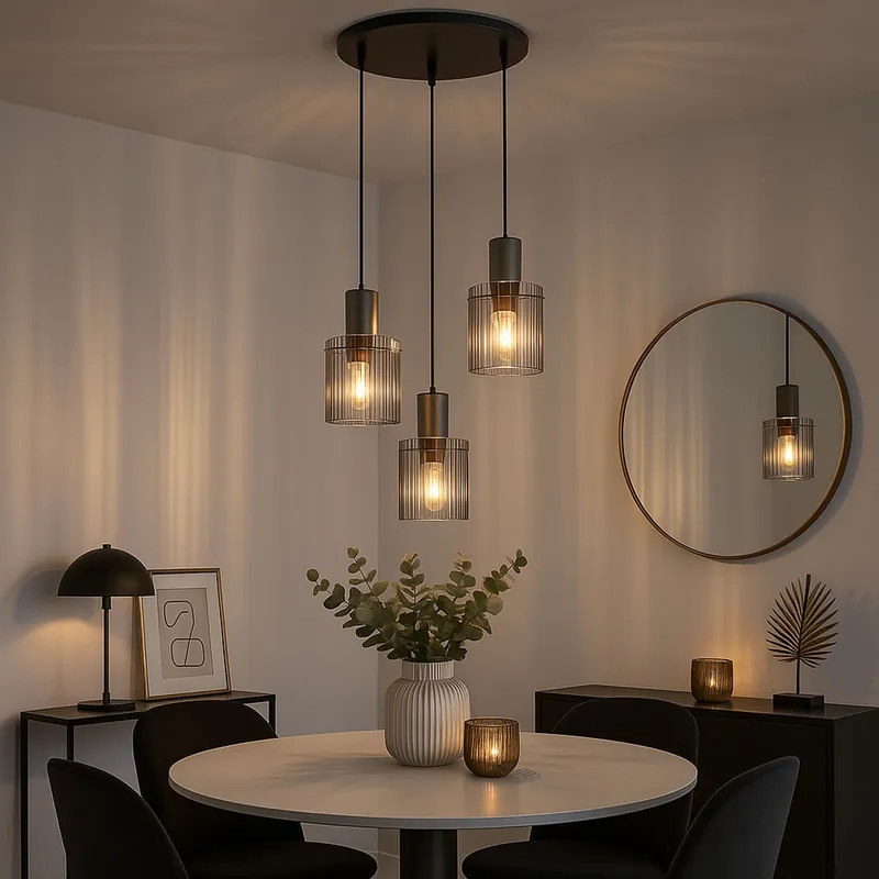 Betaalbaar Hanglamp, 3-vlam, rookglas, textiel, D 48 cm