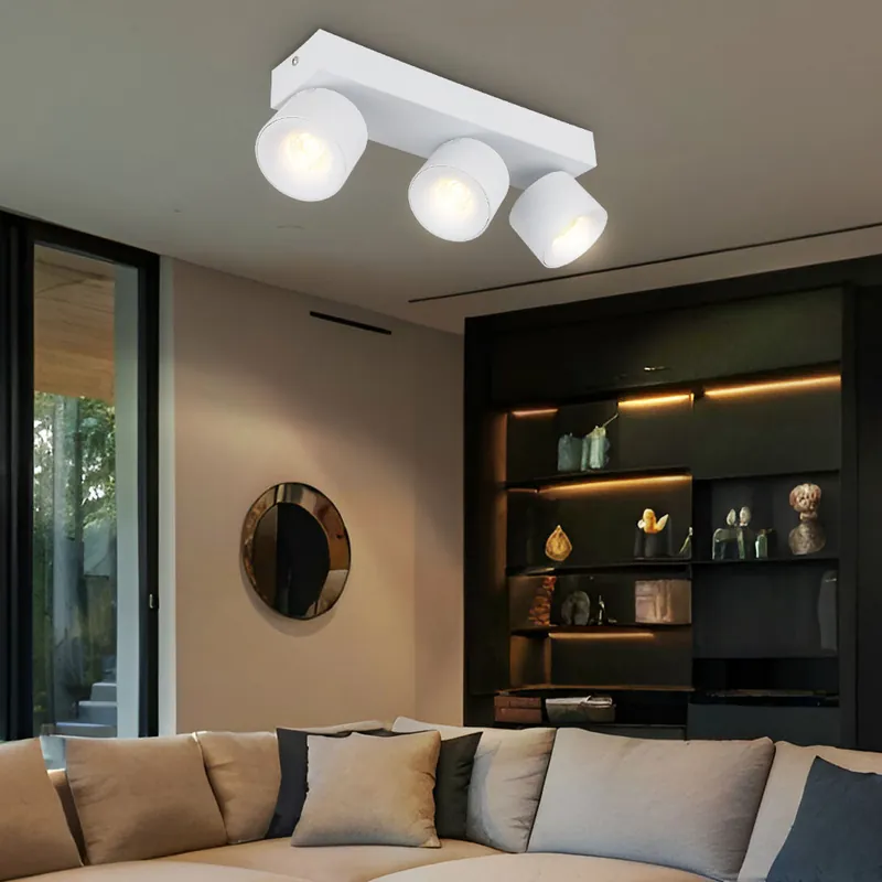 Betrouwbaar LED plafondlamp, 3-vlam, beweegbare spots, wit aluminium, L 33 cm