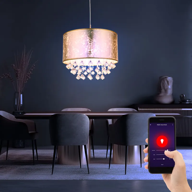 Voordeelprijs RGB LED hanglamp, kristallen, textiel, goud, app-bediening, H 140 cm