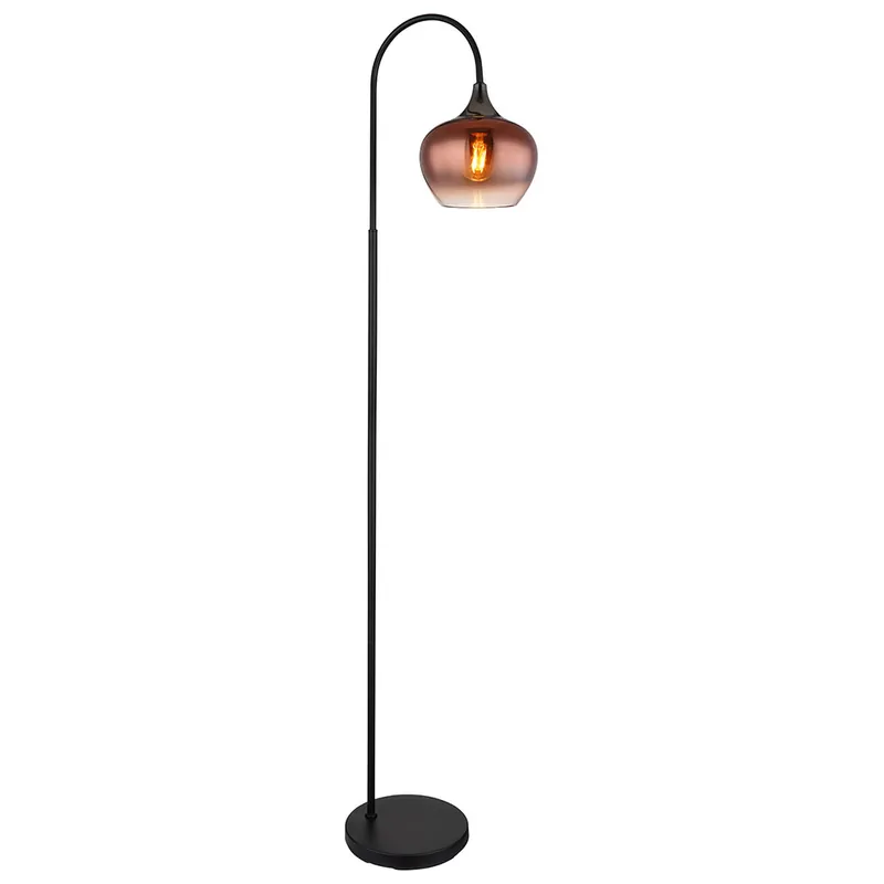 Korting Staande lamp, gebogen, koperglas, zwart, H 150 cm