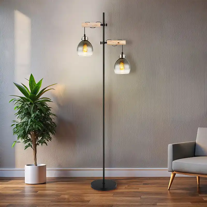 Merkproduct Staande lamp zwart, natuurlijk hout, rookglas, H 168 cm