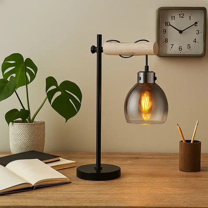 Uitverkoop Tafellamp, rookglas, natuurlijk hout, in hoogte verstelbaar, H 55 cm