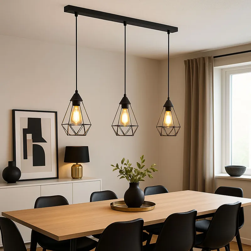 Hanglamp, 3-vlam, traliekappen, zwart, L 79 cm Favoriet