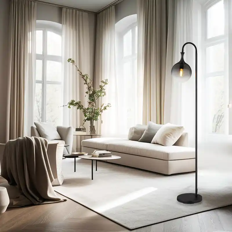 Staande lamp, zwart metaal, rookglas, H 152 cm Laatste Versie