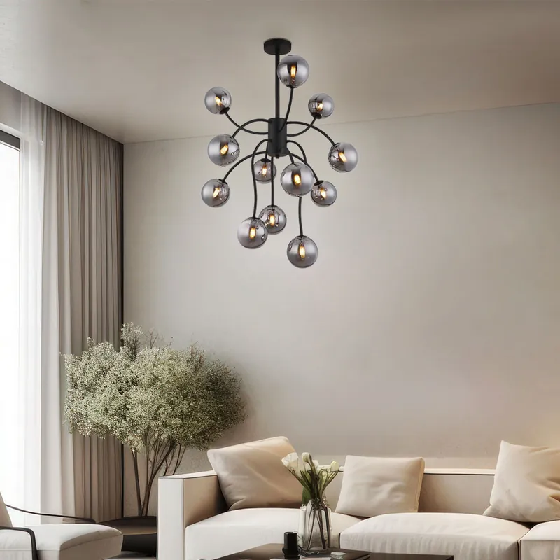 LED plafondlamp, 12 vlammen, rookkleurige glazen bollen, H 93 cm Gratis Verzending