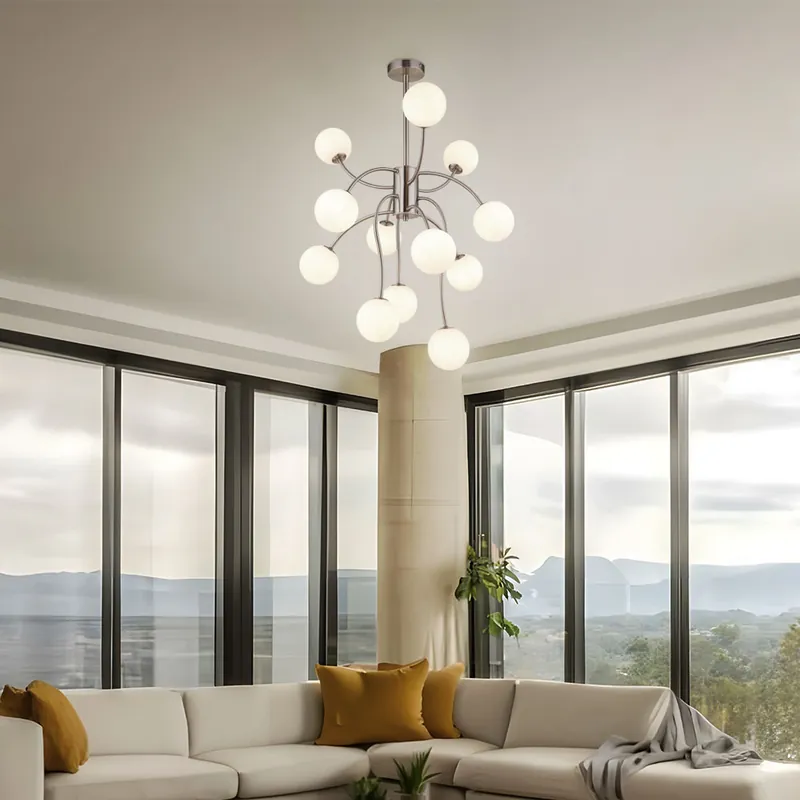 Bestseller LED plafondlamp, glazen bollen, 12 vlammen, nikkel, H 93 cm