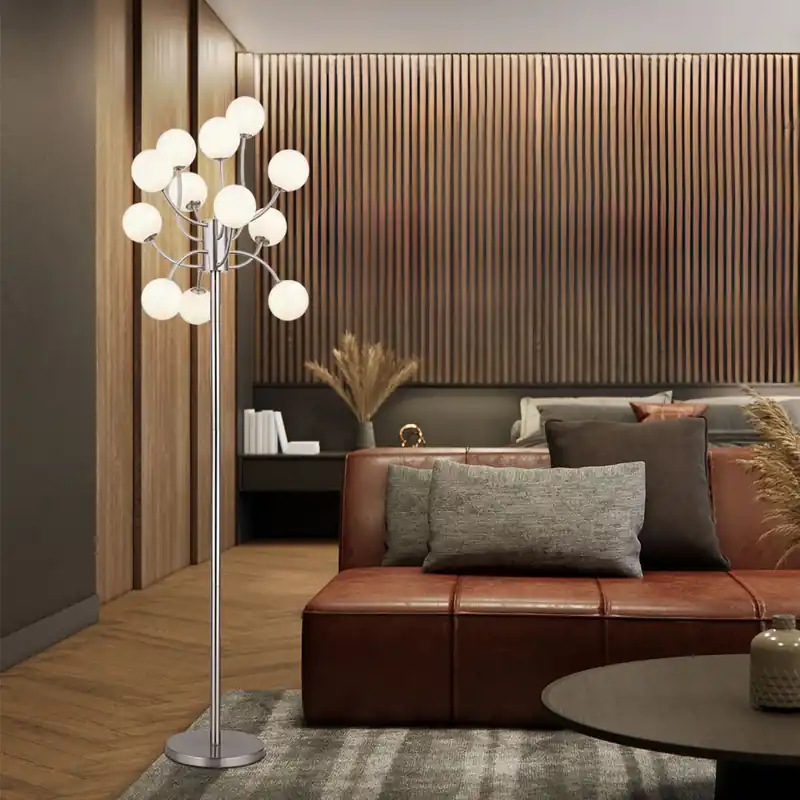 Populair LED vloerlamp, 12 vlammen, nikkel glazen bollen, H 200 cm