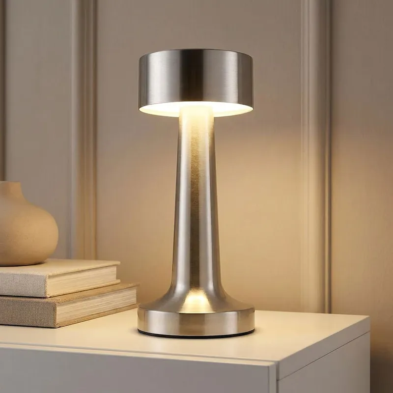 LED tafellamp, mat nikkel, touchdimmer, oplaadbare batterij, H 21 cm Direct Beschikbaar