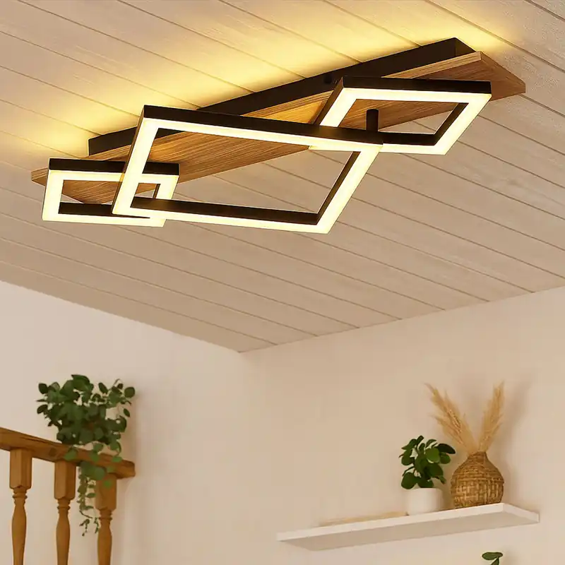 LED plafondlamp, hout, naturel, zwart, L 54 cm Flitsaanbieding