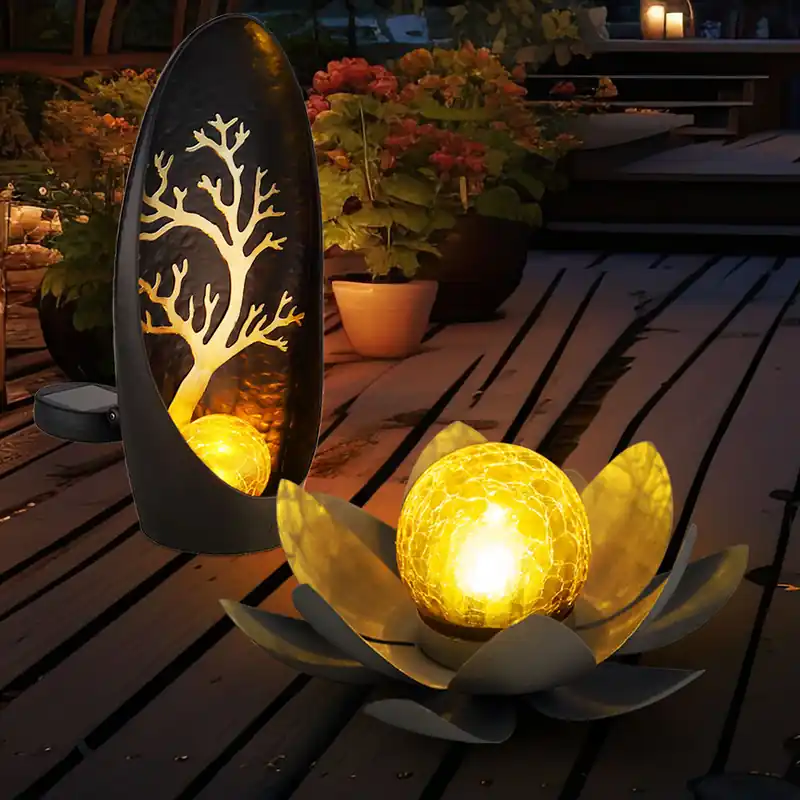 Seizoensaanbieding 2 LED solarlampjes, boom, lotusbloesem, batterij, craqueléglas