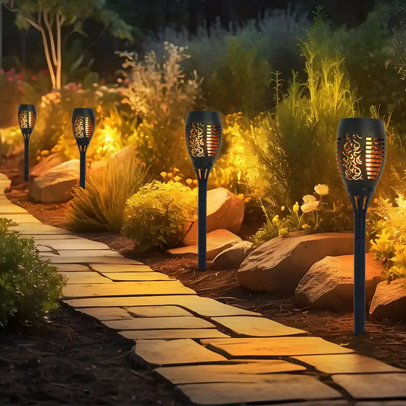 Finale Uitverkoop Set van 4 LED solarlampen, fakkel, vuureffect, zwart, H 50 cm