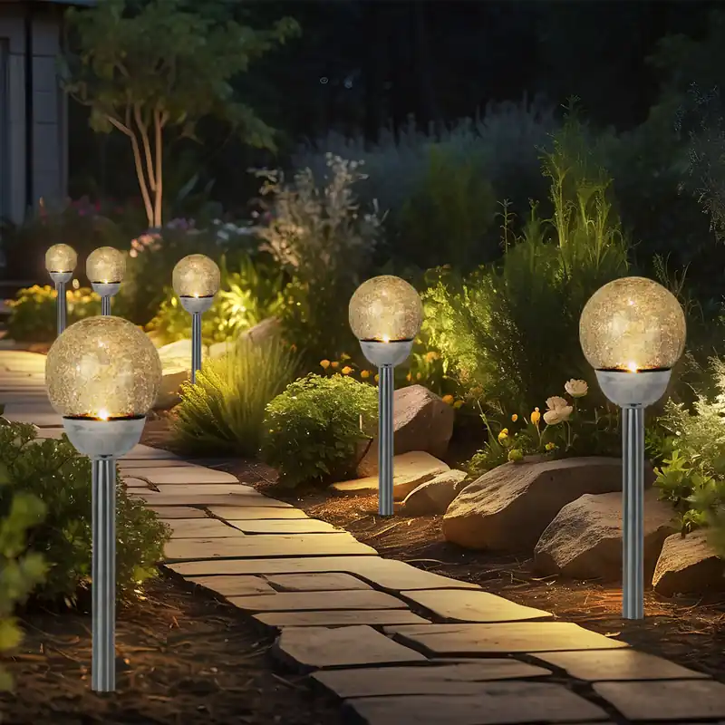 Veilige Betaling 6x LED solarlamp, roestvrij staal zilver, gebroken glazen bol, H 56 cm