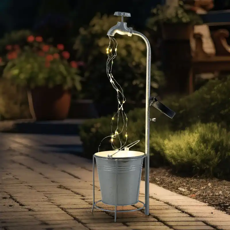LED zonnewaterkraan met emmer, zilver, 30x LED, H 62 cm Snelle Levering