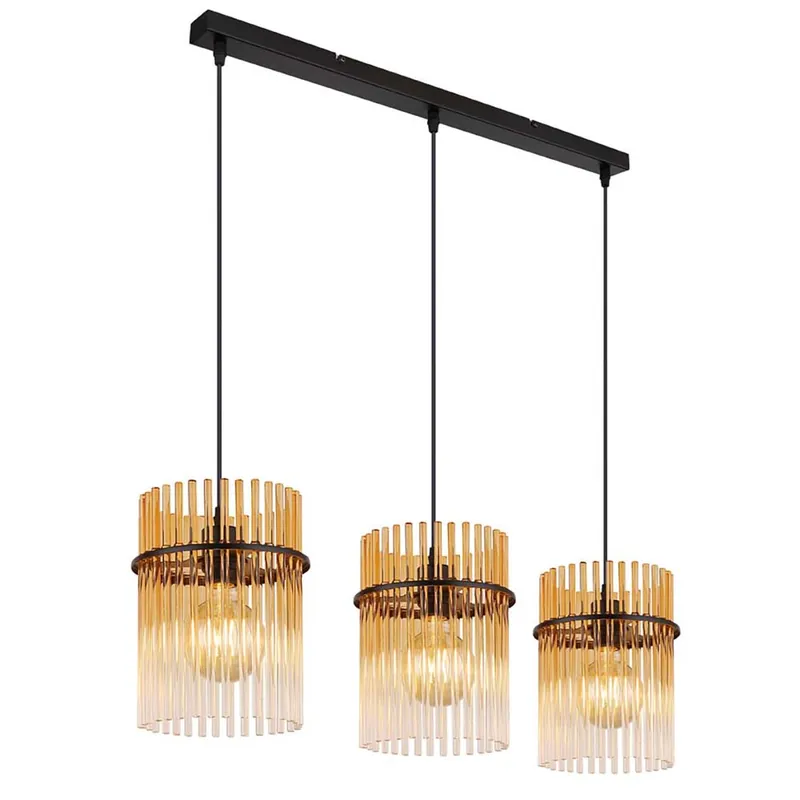 Goedkoop Hanglamp, metaal, amber glas, 3-vlam